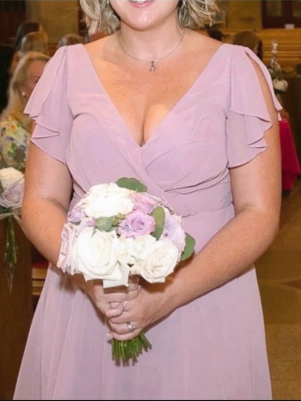 David’s Bridal Dress Quartz Pink V-Neck Ruffle Sleeve Dress